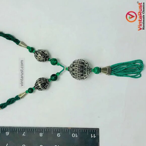 Bohemian Beaded Chain Necklace with Dangling Tassel Pendant, Green Beaded - Picture 10 of 11